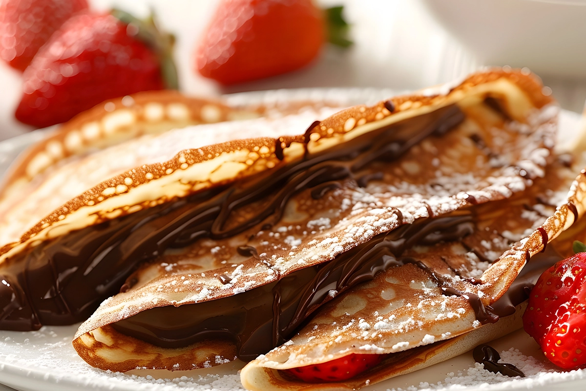 Thin crepes folded and filled with melted chocolate, dusted with powdered sugar, with strawberries in the background.