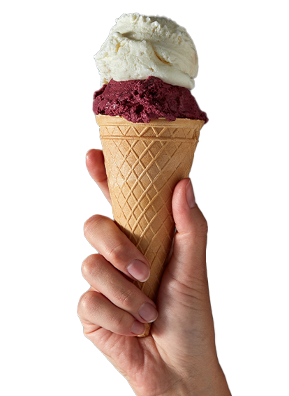Hand holding a waffle cone with two scoops of ice cream: vanilla on top and berry below.