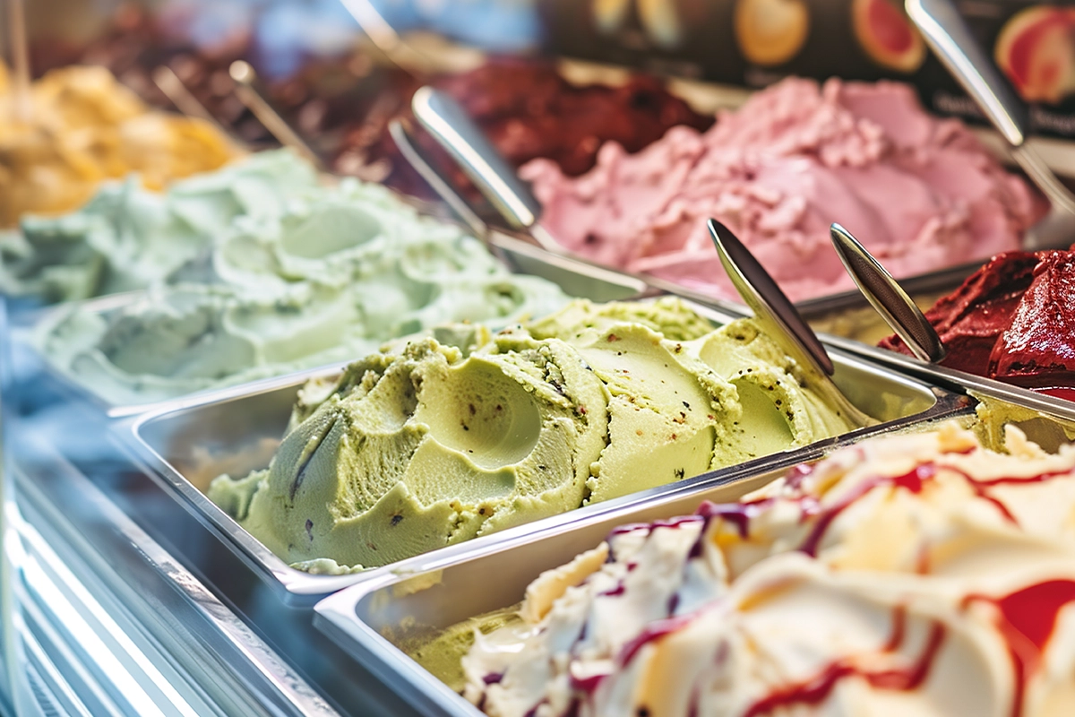 Assorted gelato scoops in a display case, featuring mint green, pink, and other flavors in metal trays with scoops.