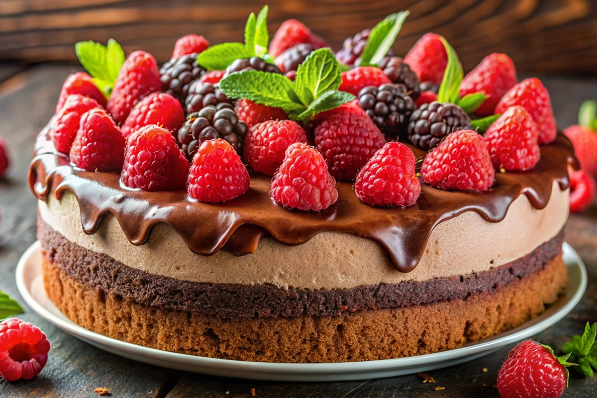 Chocolate cake with glossy chocolate ganache topping, decorated with raspberries, blackberries, and fresh mint leaves on a white plate.
